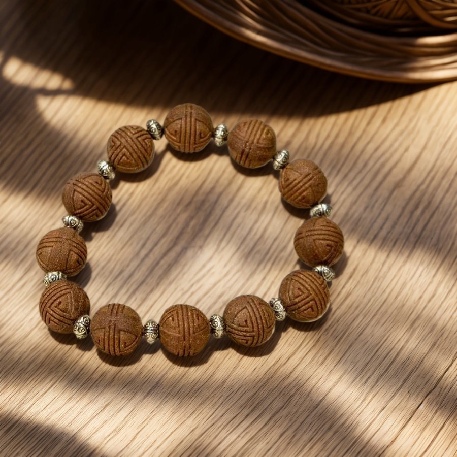 Floral Qinghuan bracelet, carved beads with silver spacers